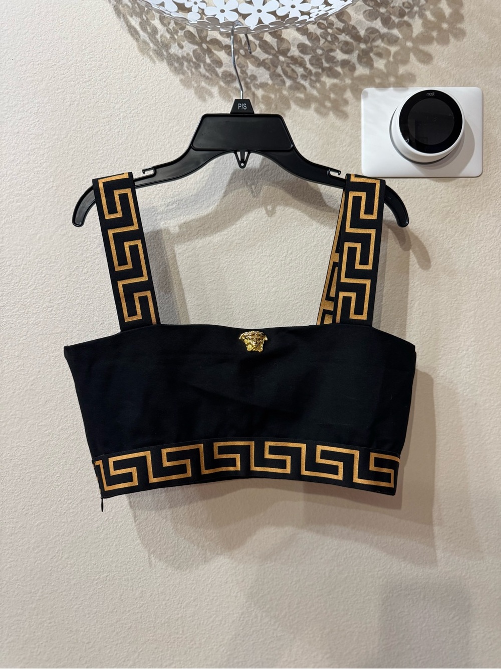 Bandeau bikini top features broad shoulder straps Greek Key print & Gold 3mblem